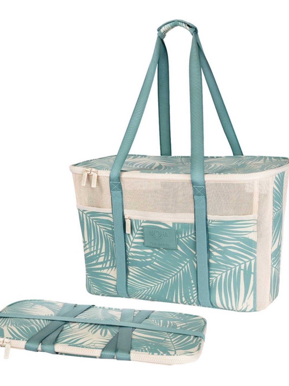 Teal Palm-Pattern collapsible Tote Bag